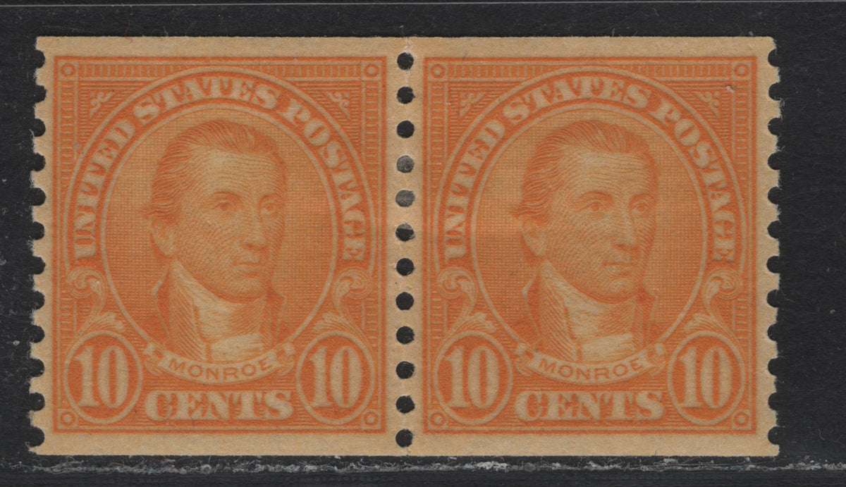Lot 185 United States SC#603 10c Dull Yellow Orange , 1923-1929 4th Bureau Issue, A XFOG Coil Pair, 12 Horizontal Gum Striations Per Inch