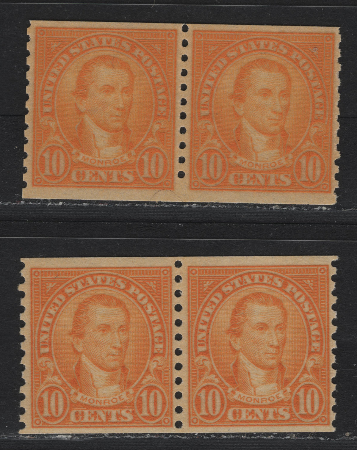 Lot 186 United States SC#603var 10c Orange Yellow , 1923-1929 4th Bureau Issue, A VFNH Coil Pair, 12 Horizontal Gum Striations Per Inch, Second Normal Pair In Yellow Orange