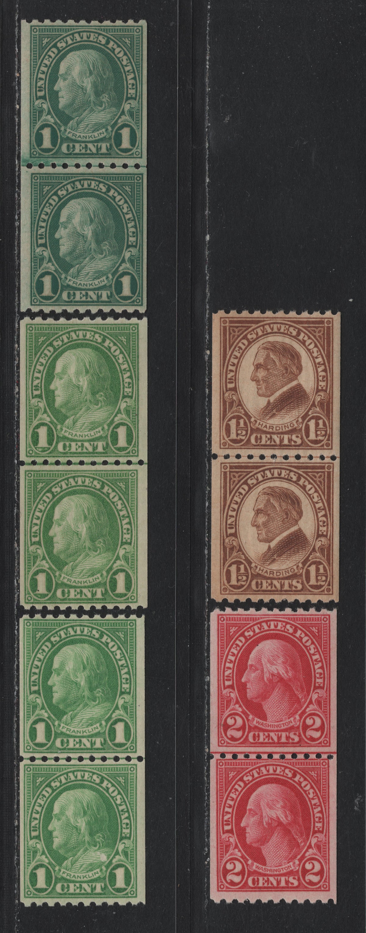 Lot 189 United States SC#604-606 1c - 2c Yellow Green - Carmine , 1923-1925 4th Bureau Issue, 5 VFNH Coil Line Pairs, 12 Vertical Gum Striations Per Inch, Perf 10 Horizontal