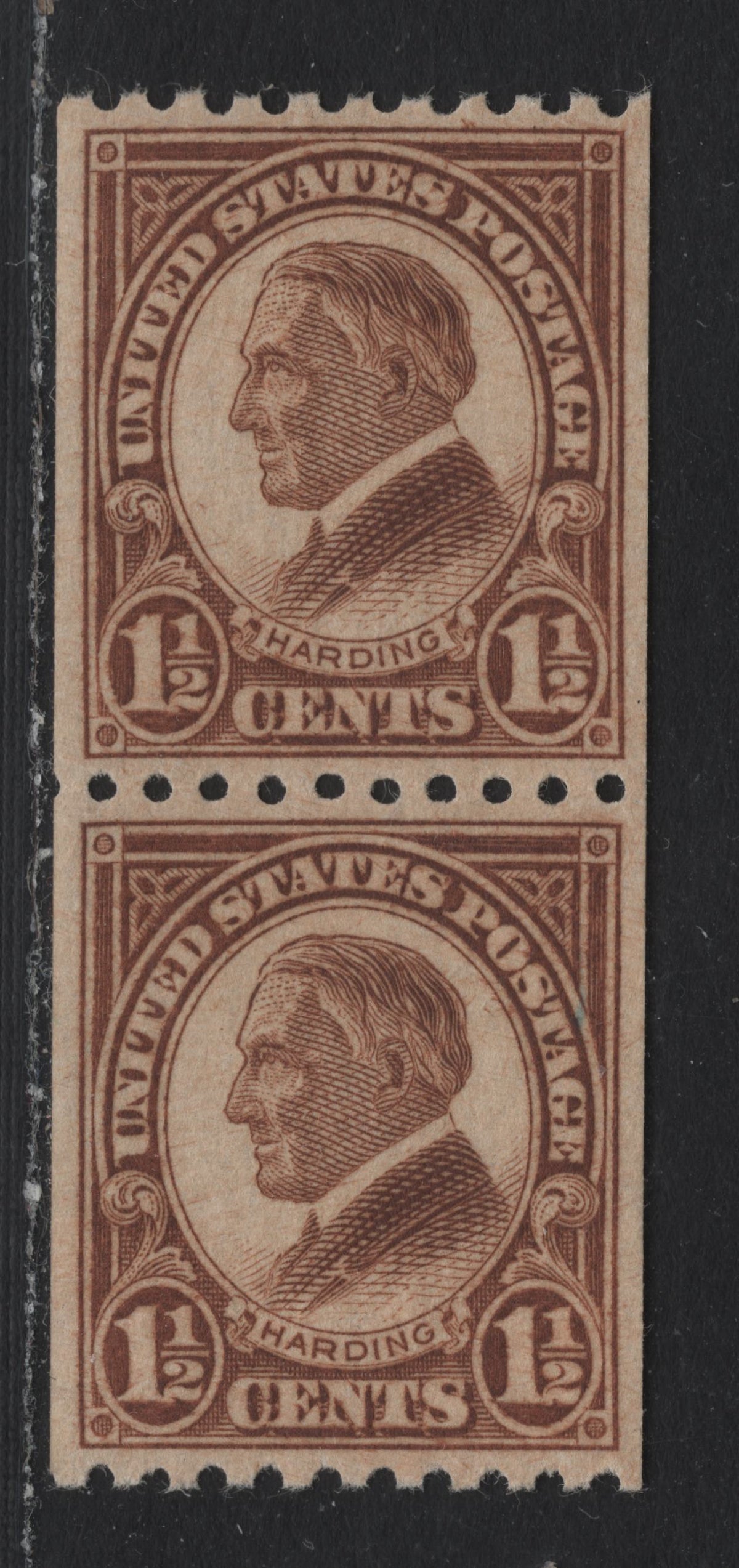 Lot 191 United States SC#605 1.5c Deep Brown , 1923-1925 4th Bureau Issue, A XFNH Coil Pair, 12 Vertical Gum Striations Per Inch