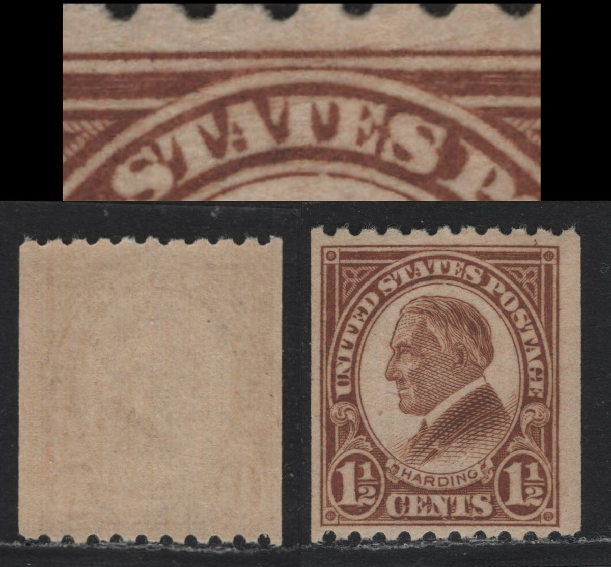 Lot 193 United States SC#605var 1.5c Yellow Brown , 1923-1925 4th Bureau Issue, A FNH Coil Single, Perf 10 Horizonal, Showing Inner Circle Broken Below TE of States, 12 Vertical Gum Striations Per Inch.