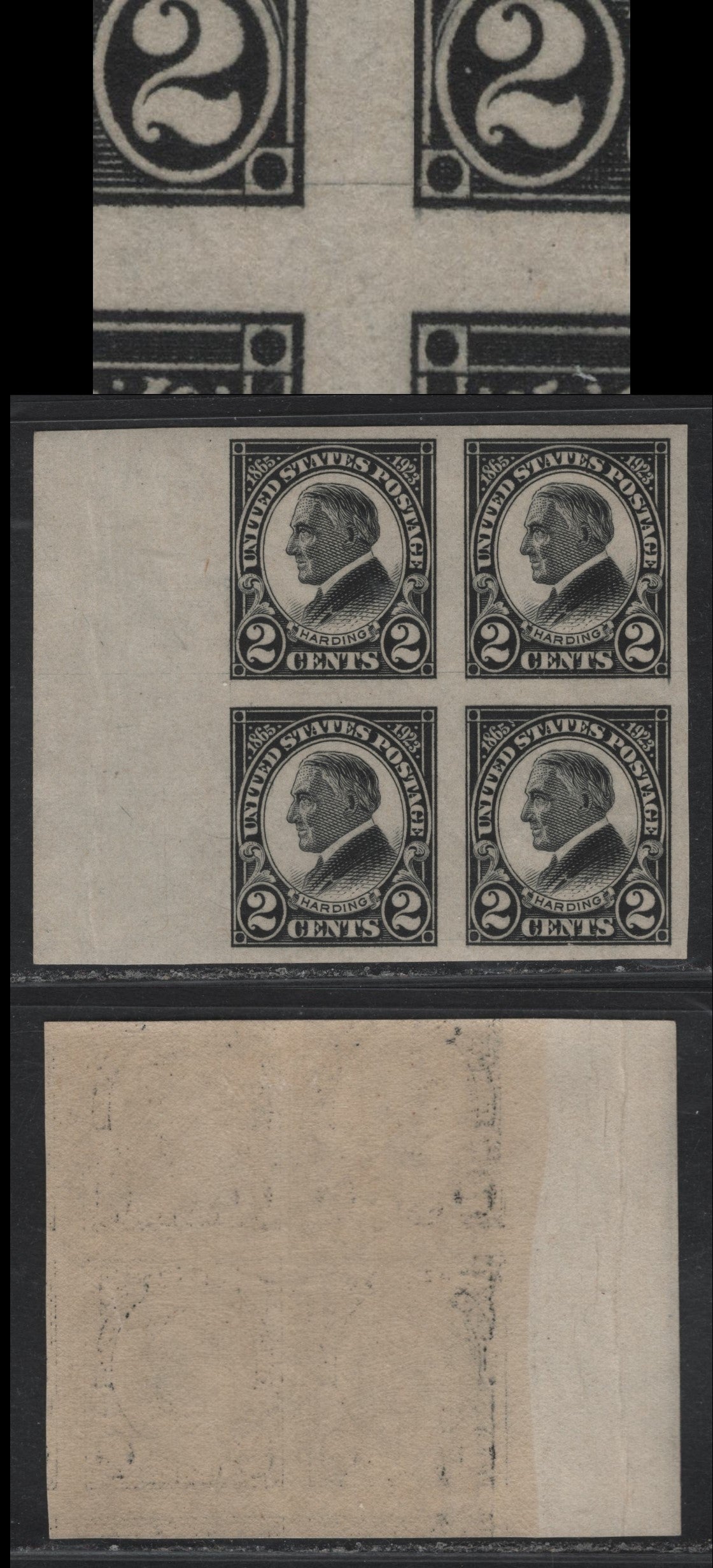 Lot 198 United States SC#611 2c Black , 1923 Harding Memorial Issue, A VFNH/OG Left Margin Imperf Block Of 4, Hinged On The Top Pair, NH On Bottom Pair, Small Hairline Joining The Two Top Stamps At Base