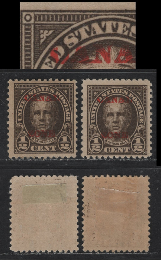 Lot 1 United States - Canal Zone (C) SC#70, 70var 1/2c Olive Brown , 1924-1925 Canal Zone Overprinted Issue, 2 FOG Singles, Flat Plate Printing, Slat Top To A, Normal Stamp & One With Well Known & Documented Broken C & A Of Canal.