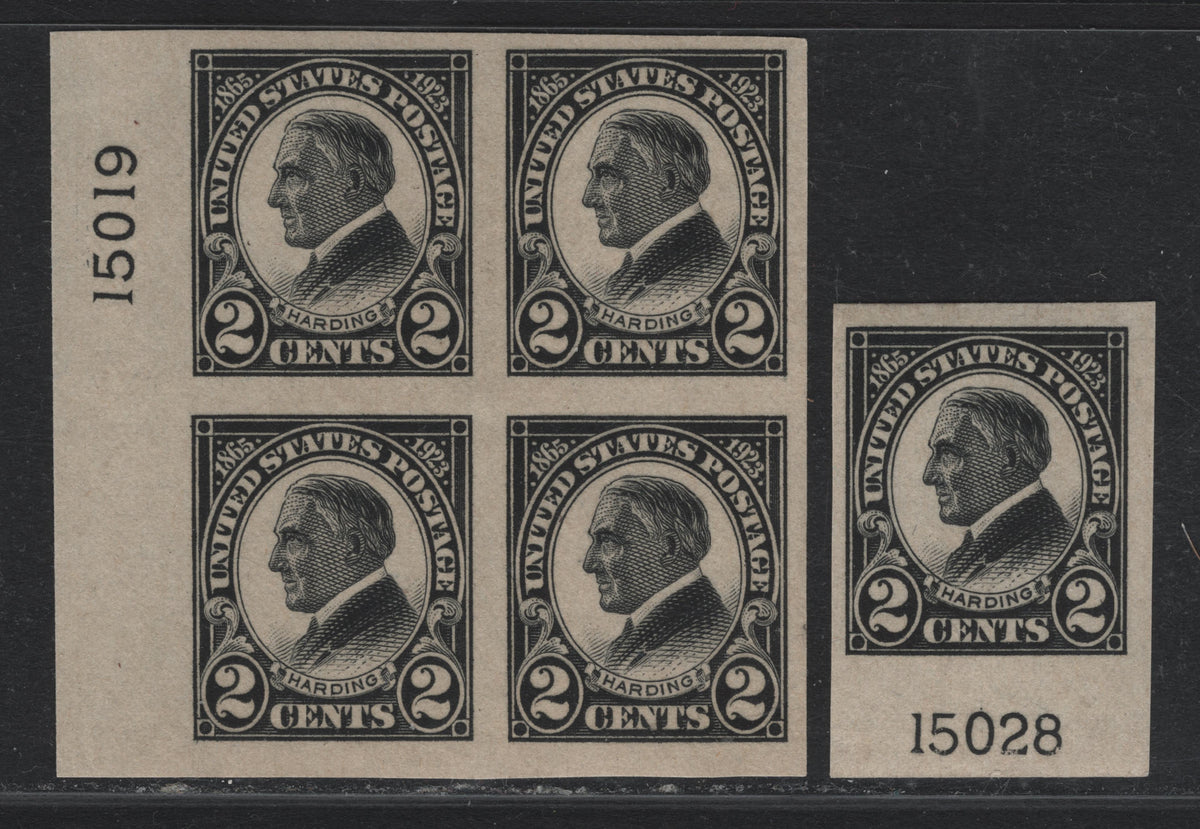 Lot 200 United States SC#611 2c Black , 1923 Harding Memorial Issue, 2 VFOG Plate Single & Block Of 4, Plates 15027 (Single) & 15019 (Block)