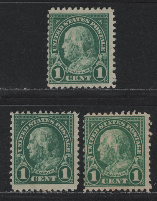 Lot 2 United States SC#552 1c Green - Deep Green , 1922-1925 4th Bureau Issue, 3 FOG Singles, Flat Plate Printing, Perf 11