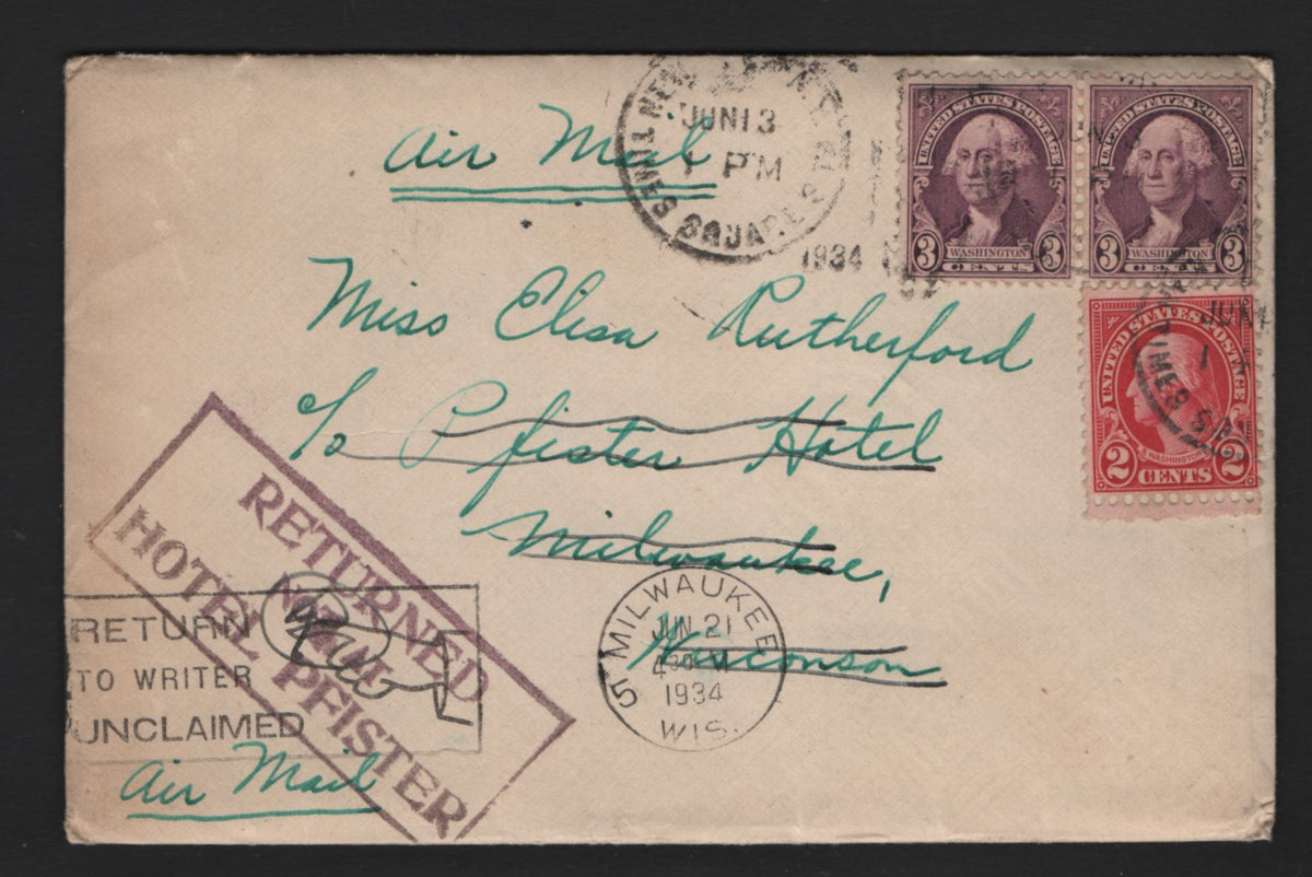 Lot 210 United States, A Superb Used Cover, 1934 Dead Letter Office Precursor Pfister Hotel Cover, Containing Original Letter, Sent Under The Short Lived Domestic Airmail Rate.