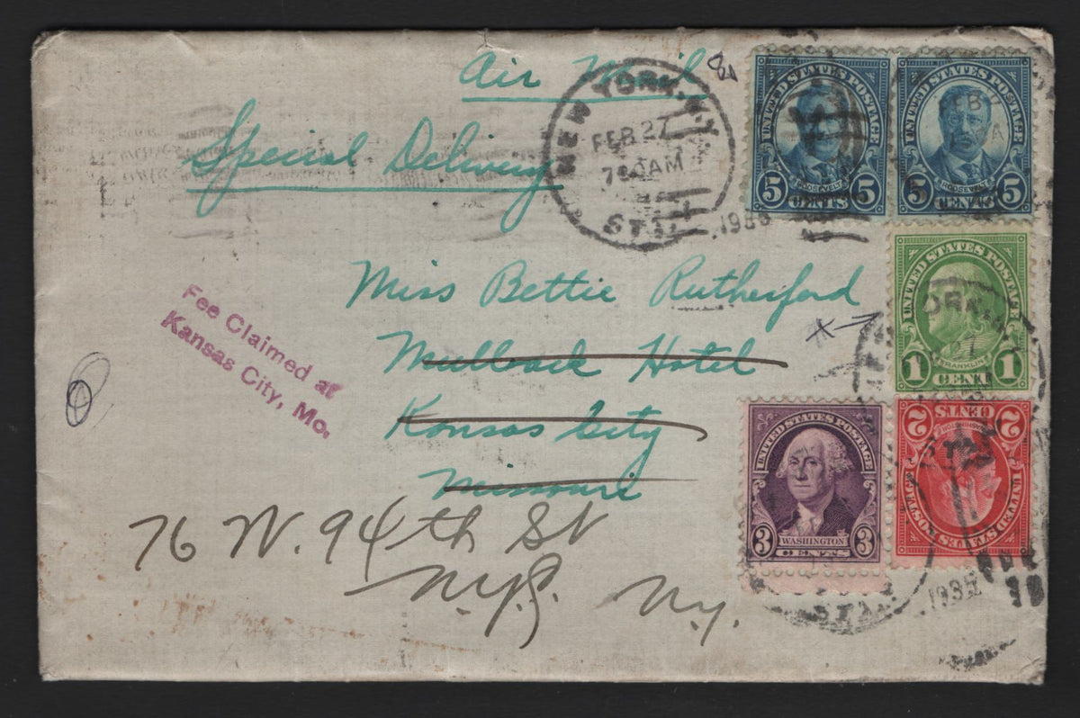 Lot 214 United States, A Very Fine Used Redirected Special Delivery Cover, Franked With #632, #634A, Two #637's & #720, 1935 Redirected, The Mullback Is A Phonetic Spelling For The Muchlebach Hotel, Which Was Opened In 1915.