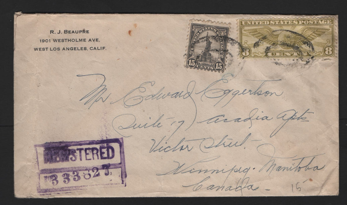 Lot 215 United States, A Very Good/Fine Used Cross Border Registered Special Delivery Cover, A Somewhat Wrinkled Cover, Franked With #C17 & #696 to Pay the 23c Rate, Saint Paul MN and Winnipeg Backstamps.