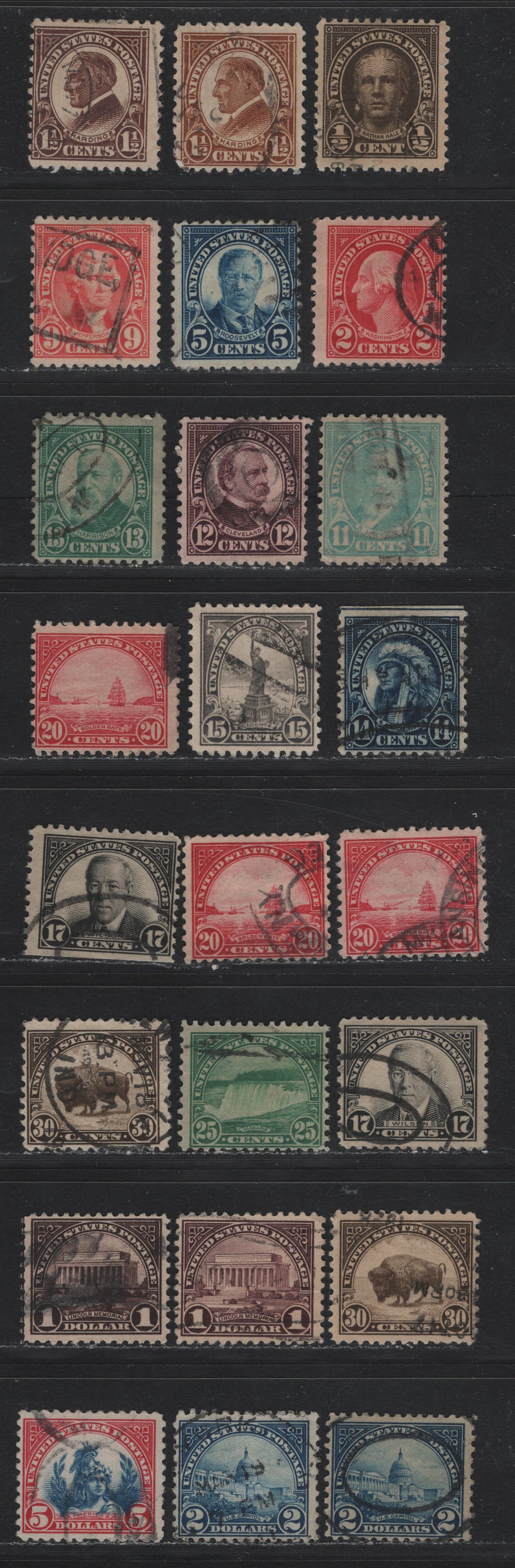 Lot 223 United States SC#551/573, 622-623 1/2c - $5 Olive Brown - Carmine & Blue, 1924-1925 4th Bureau Issue, 24 Fine Used Singles, Flat Plate Printings, Lighter Cancels & Shade Variations