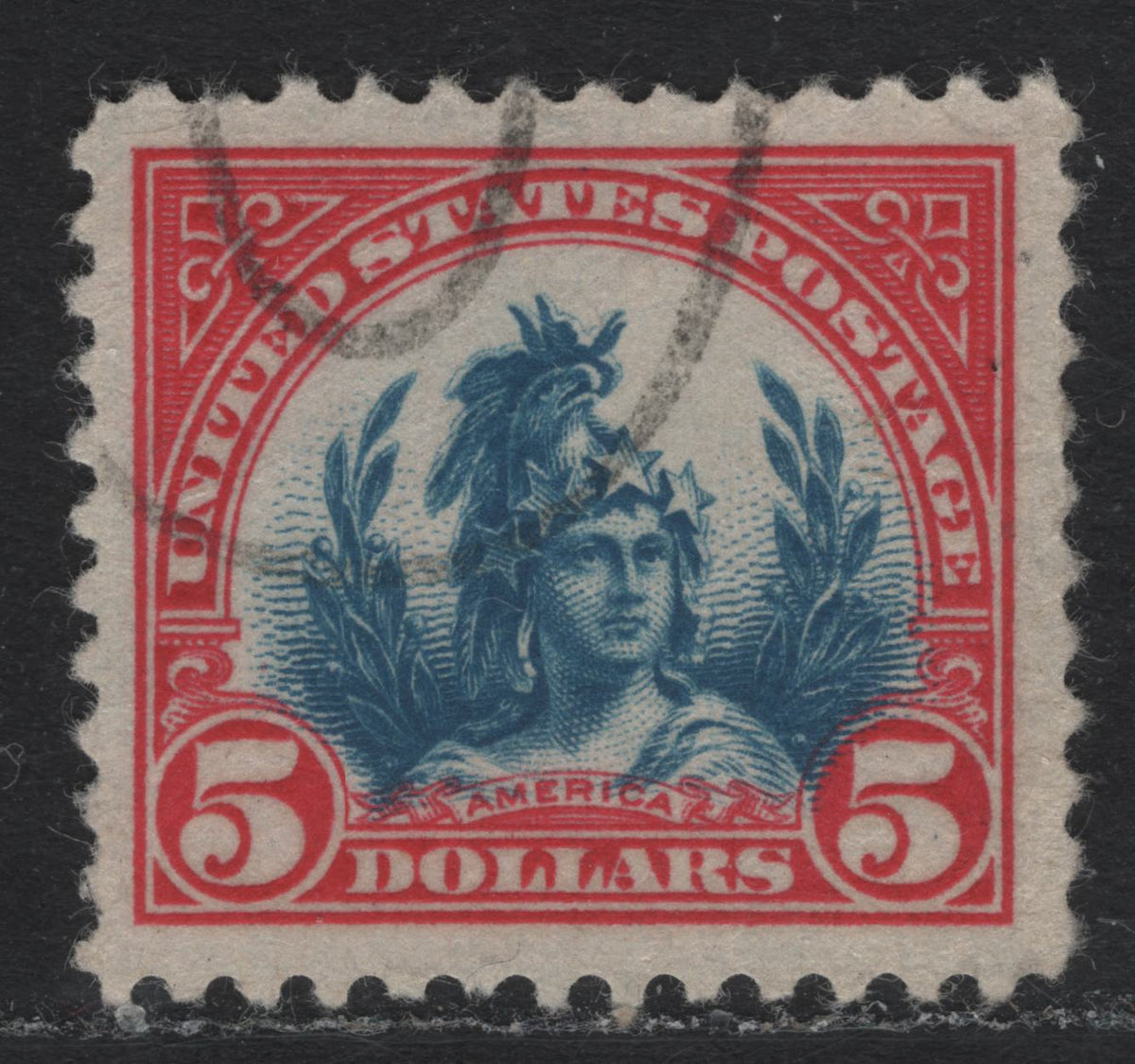 Lot 224 United States SC#573 $5 Carmine & Blue, 1924-1925 4th Bureau Issue, A Very Fine Used Single, Light Cancel, Jumbo margins