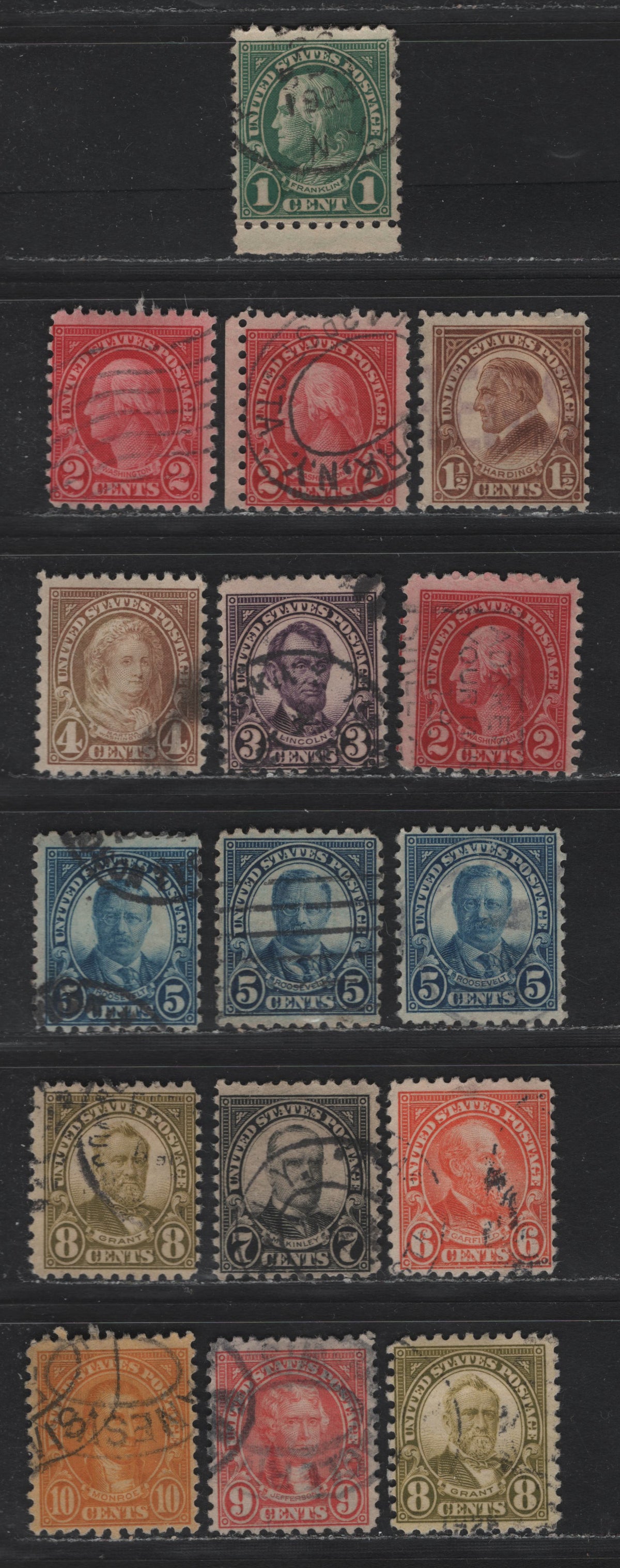 Lot 226 United States SC#581-591 1c - 10c Deep Green - Yellow Orange, 1923-1926 4th Bureau Issue, 16 Fine Used Singles, Rotary Press Printings, Perf 10, Shade Variations.