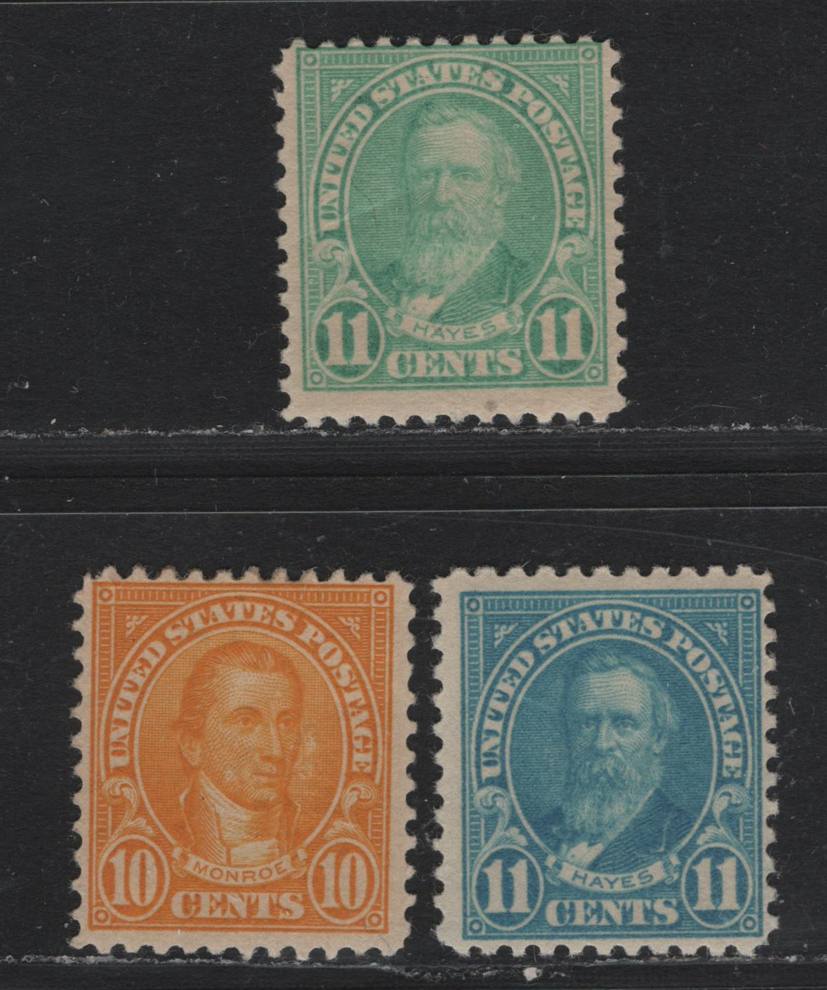 Lot 23 United States SC#562-563b 10c - 11c Orange Yellow - Light Bluish Green , 1922-1925 4th Bureau Issue Flat Plate Printings, 3 FOG Singles, Special Booklet Paper