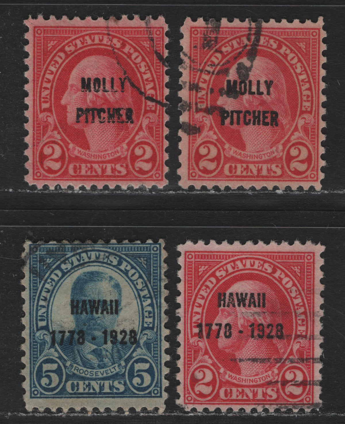 Lot 231 United States SC#646-648 2c - 5c Carmine - Carmine Blue, 1928 Battle of Monmouth - Hawaii Sesquicentennial Issue, 4 Fine/Very Fine Used Singles, Two Shades Of 646