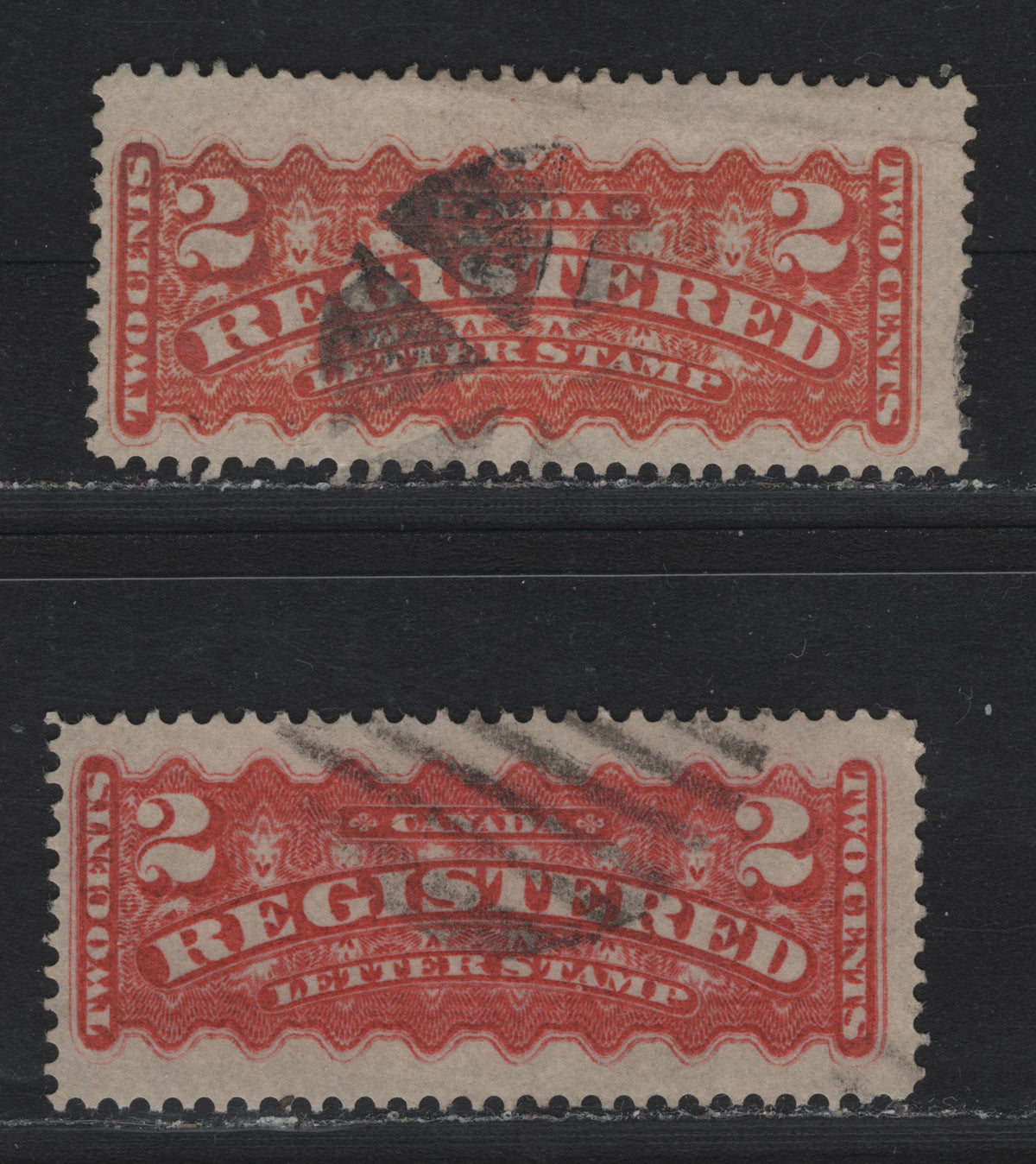 Lot 242 Canada #F1i, F1a 2c Orange Red - Vermillion, 1875-1896 Registration Issue, 2 Fine Used Singles, Late Montreal Printing, MM-Y, Perf 12.25, Wedges Cork Cancel, MG-J, Perf 12.25, Grid Cancel.