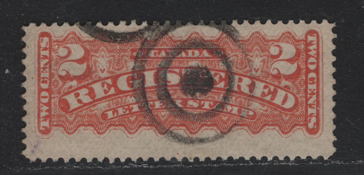 Lot 244 Canada #F1i 2c Dull Reddish Orange, 1875-1896 Registration Issue, A Fine Used Single, Montreal Printing, MM-Y Paper, Perf 12.15x12.1, 3 Ring Bullseye Target Cancel, Much Much Scarcer Than The Standard 3-Ring Target Cancel.