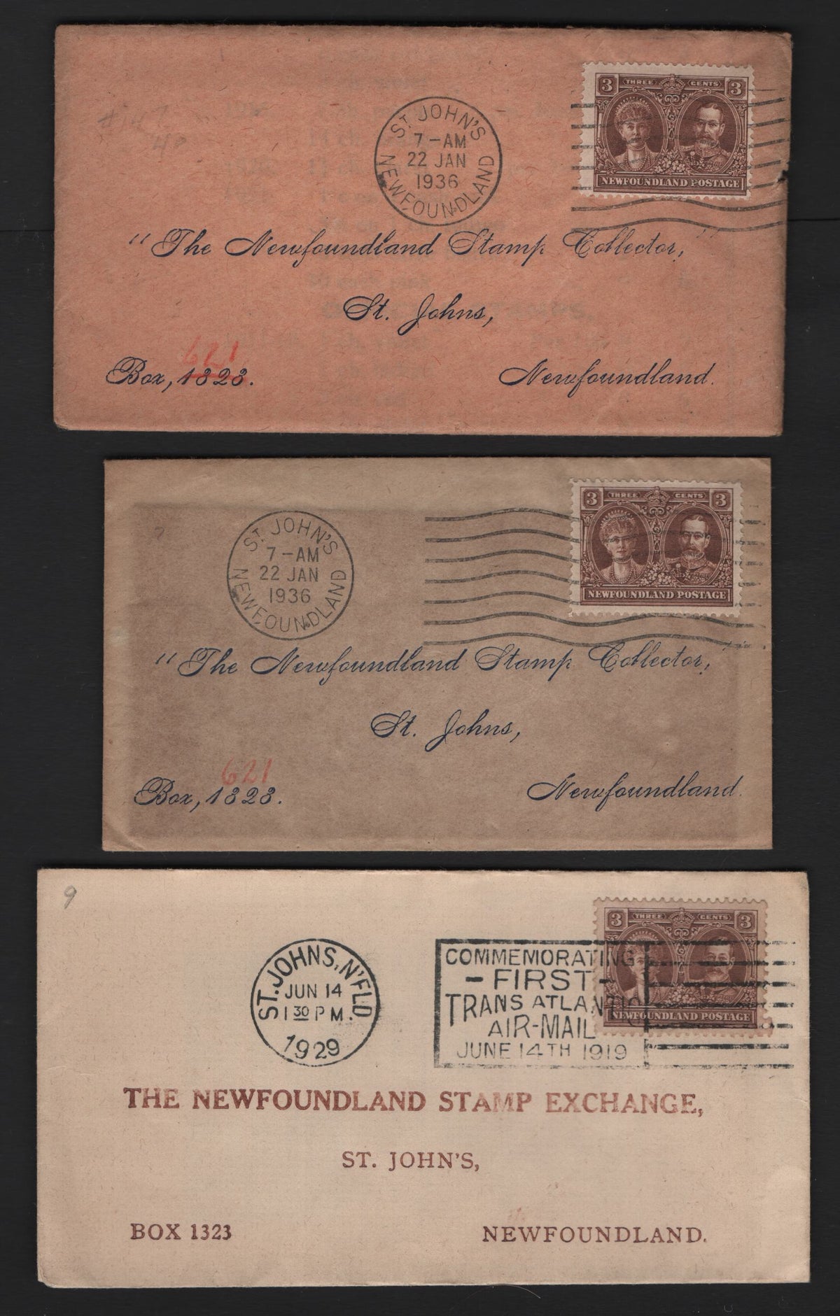 Lot 273 Newfoundland #, 3 Very Fine Used Covers, Three Wedding Invitation Sized Envelopes Containing Original Enclosures Sent Within St. Johns