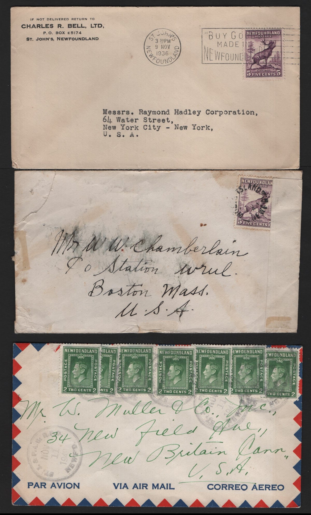 Lot 275 Newfoundland #, 3 Fine Used Covers, Resource Issue Postal History Including Scarce 1941 Perf 13.5 5c Die 1 On Censored Cover, Three Covers, One Of Which Is A Great Rarity