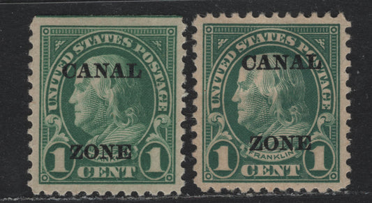 Lot 3 Canal Zone (C) SC#71 1c Green - Deep Green , 1924-1925 4th Bureau Canal Zone Overprinted Issue Flate Plate Printings, 2 VFOG Singles, Flat Topped A