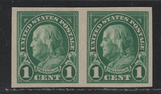 Lot 5 United States SC#575 1c Green , 1922-1925 4th Bureau Issue, A VFNH Imperf Pair, Flat Plate Printing, Right Stamp NH, Left Just The Slightest Trace At UL