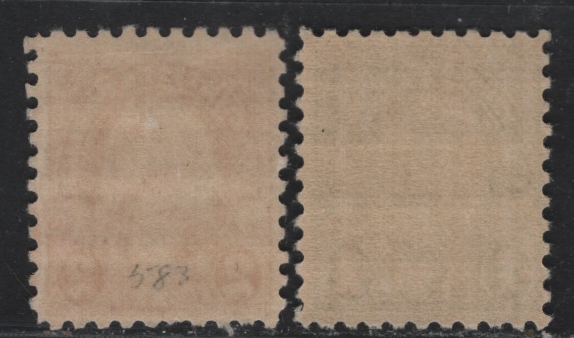 Lot 57 United States SC#581-582 1c - 2c Green - Carmine , 1923-1926 4th Bureau Issue, 2 FOG Singles, Rotary Press, Perf 10, Type 1 Gum Breaker Ridges 5.5mm Apart.