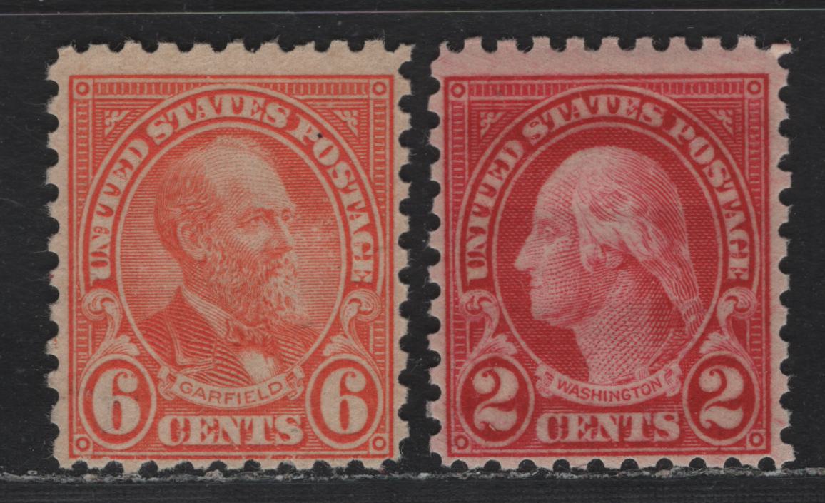Lot 59 United States SC#583, 587 2c - 6c Carmine - Pale Red Orange , 1923-1926 4th Bureau Issue, 2 FNH Singles, Perf 10, Type 1 Gum Breaker Ridges Spaced 5.5mm Apart