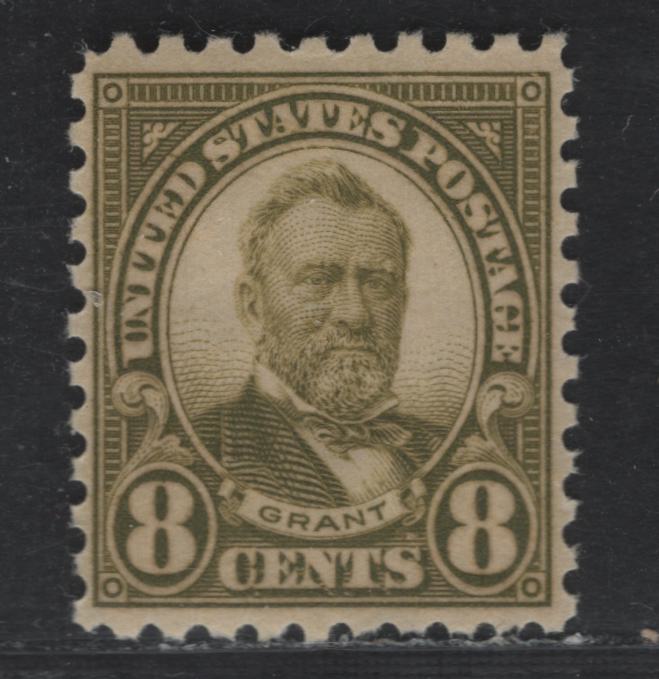 Lot 66 United States SC#589 8c Olive Green , 1923-1926 4th Bureau Issue, A FOG Single, Perf 10, Type 1 Gum Breaker Ridges, Spaced 5.5mm Apart, No Visible Vertical Gum Straitions.
