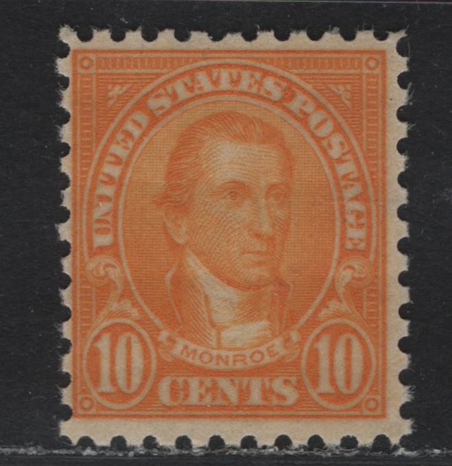 Lot 68 United States SC#591 10c Bright Orange Yellow , 1923-1926 4th Bureau Issue, A FNH Single, Perf 10, Type 1 Gum Breaker Ridges, Spaced 5.5mm Apart, No Visible Vertical Gum Straitions.