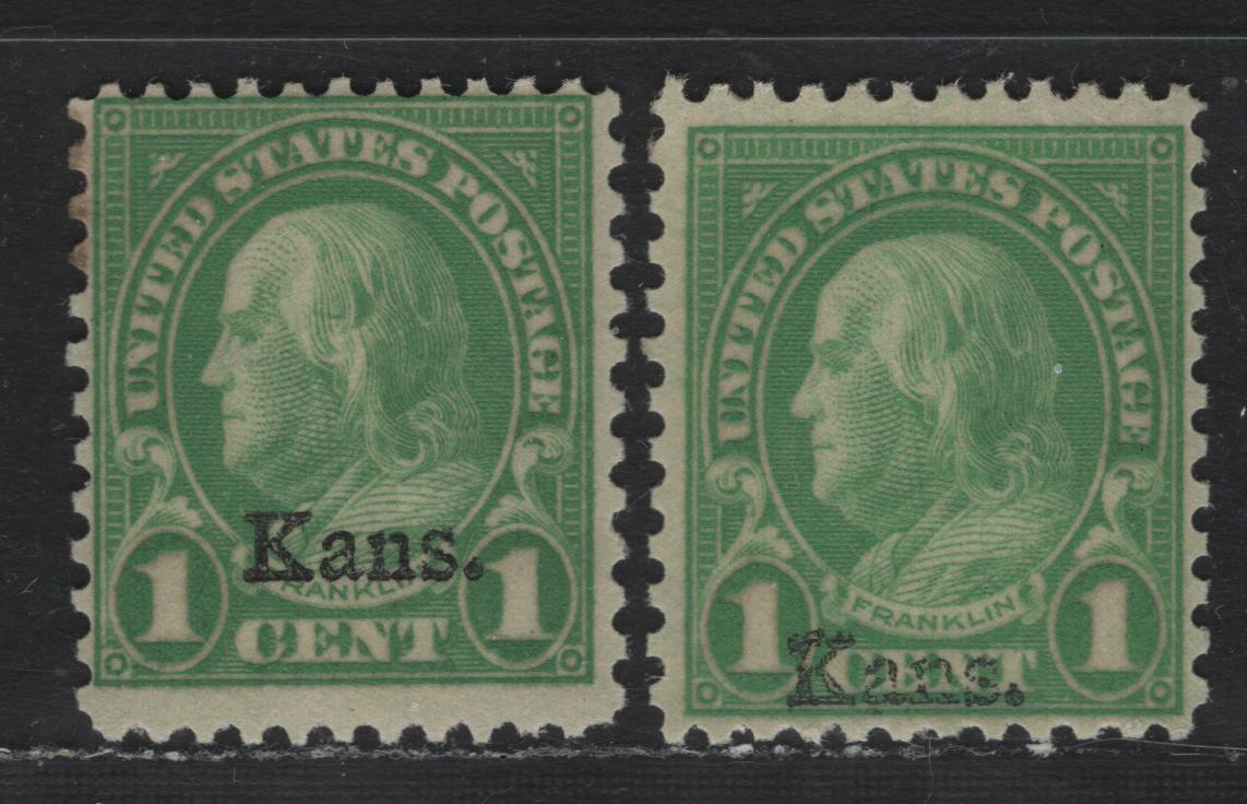 Lot 70 United States (C) SC#658 1c Yellow Green , 1926-1934 4th Bureau Issue, 2 FNH Singles, Kansas Overprint, One Showing Shifted Overprint, Type II Gum Breaker Ridges As Required By All Genuine Examples, 12 Vertical Gum Striations Per Inch.