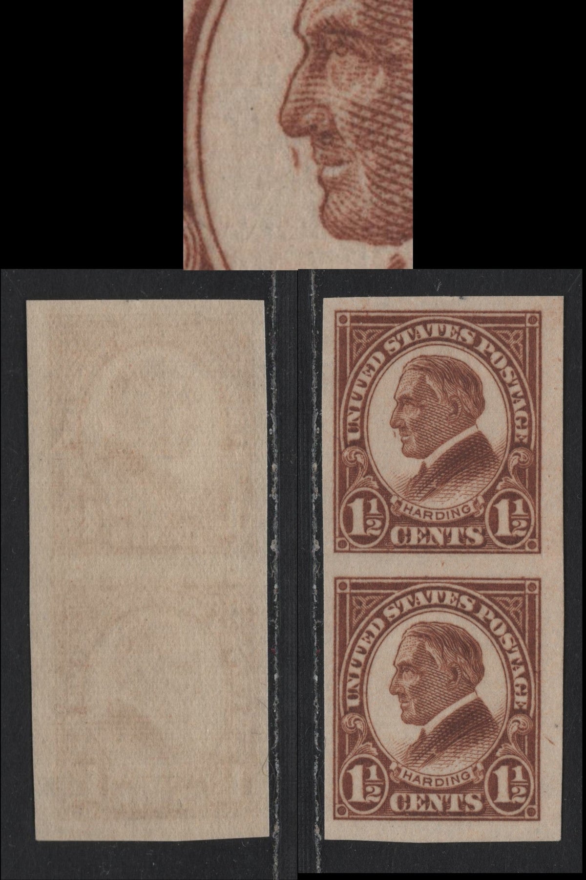 Lot 74 United States SC#631var 1.5c Yellow Brown , 1926 4th Bureau Issue, A VFNH Vertical Pair, Showing Scratch Under Nose On Top Stamp, Unlisted In French, Type 1 Gum Breaker Ridges Space 5.5mm Apart.