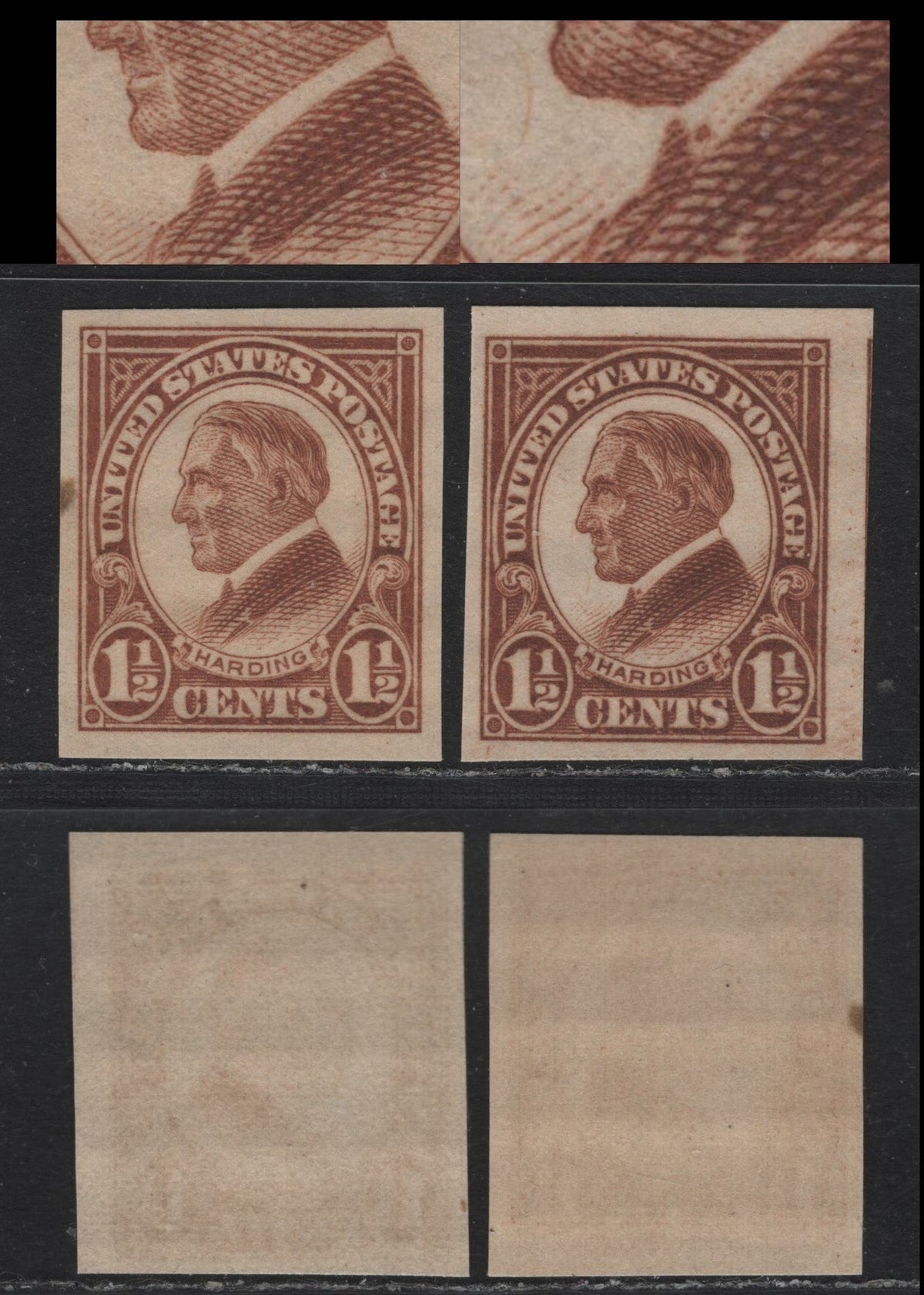 Lot 75 United States SC#631var 1.5c Yellow Brown - Light Yellow Brown , 1926 4th Bureau Issue, 2 VFNH Singles, Type 1 Gum Breaker Ridges 5.5mm Apart, One Showing Unlisted Tie Pin Variety