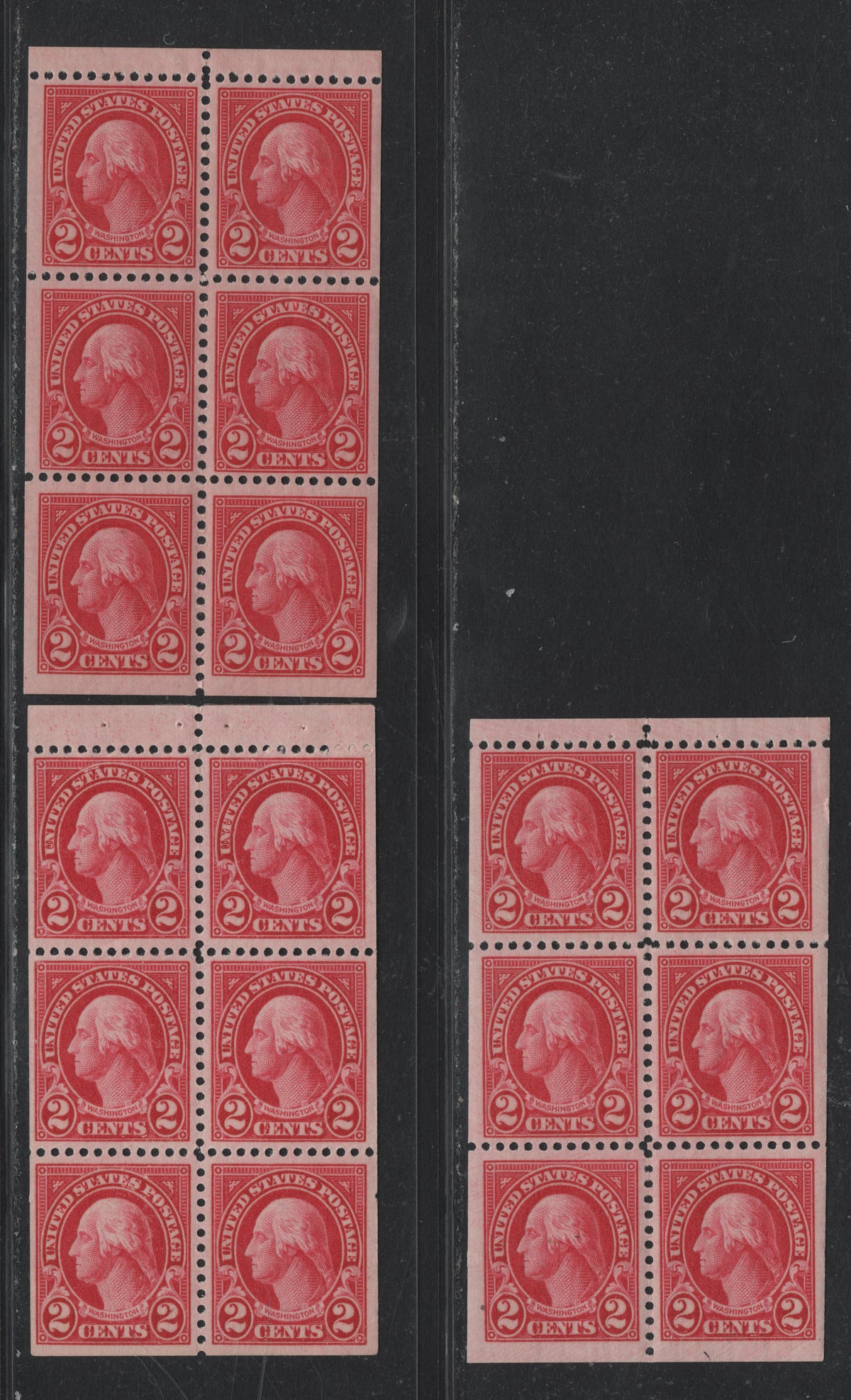 Lot 80 United States SC#634d 2c Carmine , 1926-1934 4th Bureau Issue, 3 VFNH/OG Booklet Panes Of 4, Each With Different Gum Breaker Patterns & Vertical Gum Striations