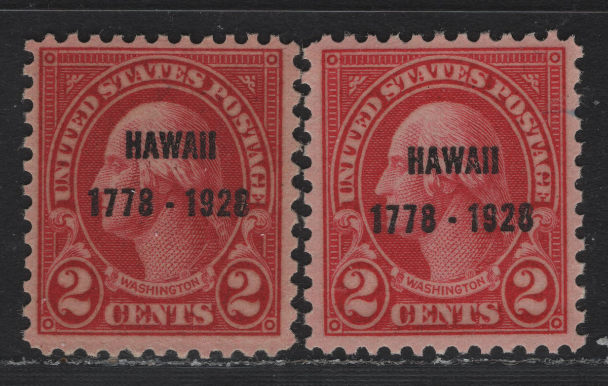 Lot 84 United States SC#647 2c Carmine - Deep Carmine , 1928 Hawaii Sesquicentennial Issue, 2 VFNH Singles, Hawaii Overprint, Type II Gum Breaker Ridges Spaced 22mm Apart, 12 Vertical Gum Striations.