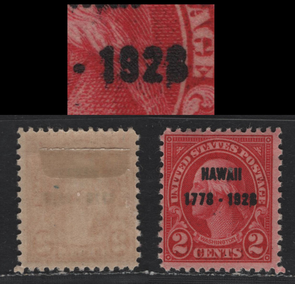 Lot 85 United States SC#647var 2c Carmine , 1928 Hawaii Sesquicentennial Issue, A FOG Single, Hawaii Overprint, Showing Filled In '8', Type II Gum Breaker Ridges Spaced 22mm Apart & 12 Vertical Striations Per Inch In The Gum.