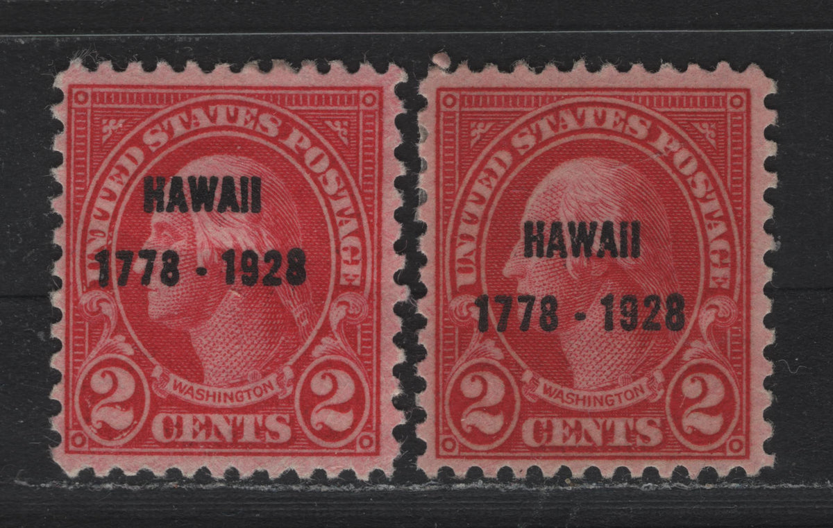 Lot 87 United States SC#647var 2c Carmine Rose - Deep Carmine , 1928 Hawaii Sesquicentennial Issue, 2 VFOG Singles, Hawaii Overprint, Type II Gum Breaker Ridges Spaced 22mm Apart, 12 Vertical Gum Striations Showing Overprint Shifted.