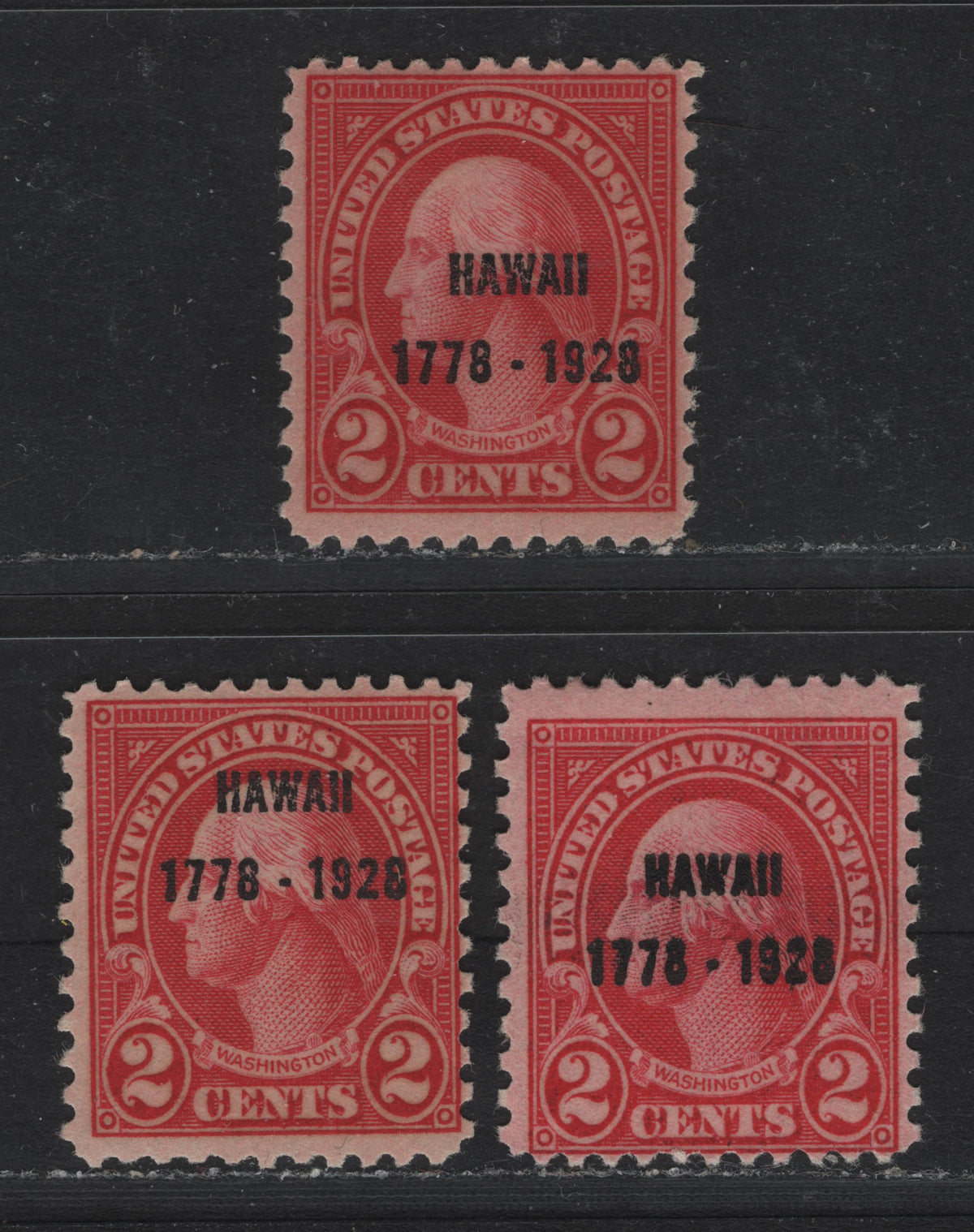 Lot 88 United States SC#647var 2c Carmine - Carmine Red , 1928 Hawaii Sesquicentennial Issue, 3 FOG Singles, 3 Examples Of Hawaii Overprint, Showing Shifts On The Carmine Red, Type 2 Gum Breaker Ridges Spaced 22mm Apart & 12 Vertical Striations Per Inch.