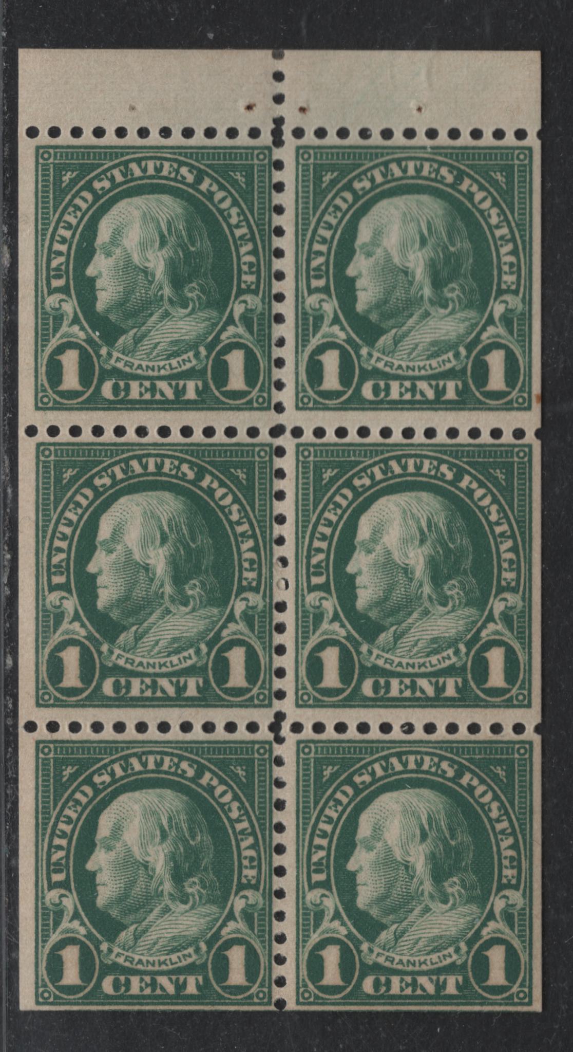 Lot 9 United States SC#552a 1c Green - Deep Green , 1922-1925 4th Bureau Issue, 2 VFOG/NH Booklet Panes Of 6, Deep Green Pane Is NH, Flat Plate Printing