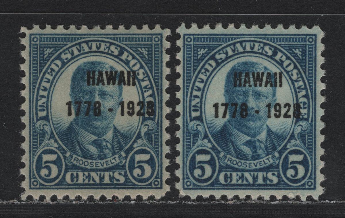 Lot 93 United States SC#648 5c Blue - Brighter Blue , 1928 Hawaii Sesquicentennial Issue, 2 VFOG Singles, Hawaii Overprint, Type II Gum Breaker Ridges Spaced 22mm Apart, 12 Vertical Gum Striations Per Inch.
