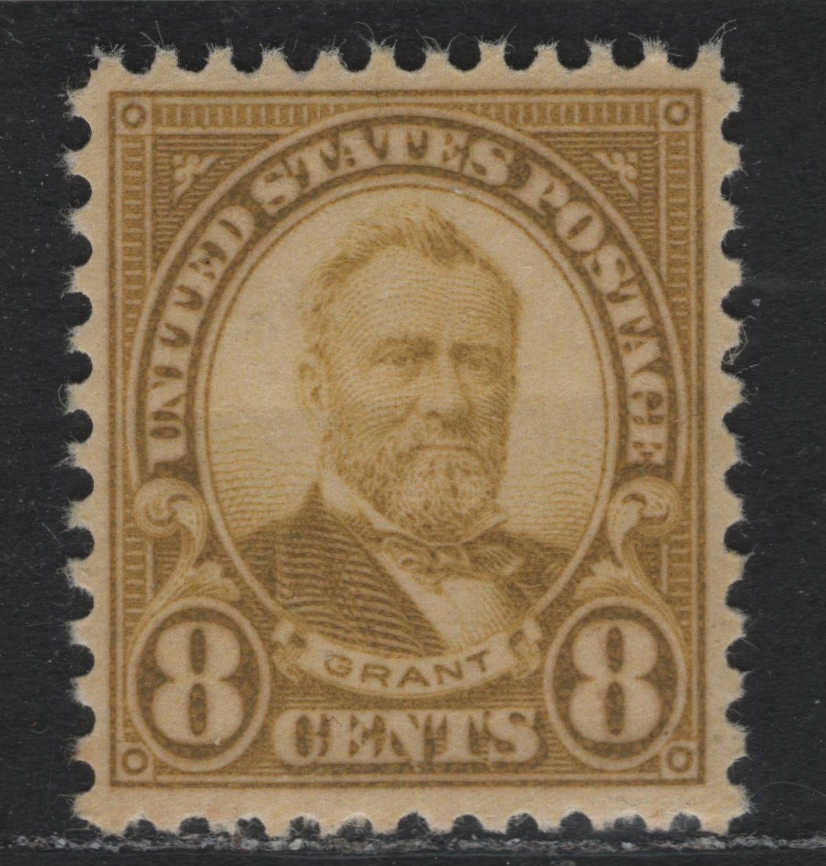 Lot 95 United States SC#640 8c Olive Yellow , 1926-1934 4th Bureau Issue, A VFNH Single, Rotary Press, Perf 10x11.5, Type 3 Gum Breaker Ridges Spaced 12mm Apart & 12 Vertical Striations Per Inch.