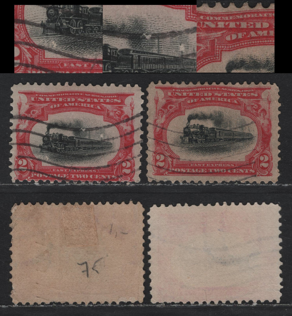 Lot 109 United States SC#295 2c Rose Carmine & Black , 1901 Pan-American Exposition Issue, 2 Fine Used Singles, Reversed Wmks, Showing Unlisted Plate Varieties