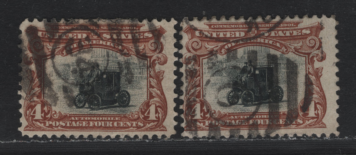 Lot 120 United States (C)SC#296 4c Orangy Brown & Black , 1901 Pan-American Exposition Issue, 2 Fine Used Singles, Inverted & Reversed Wmk, Two Examples With SON #9 & #34 Grid Cancels