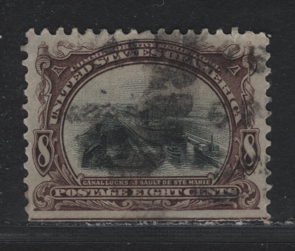 Lot 136 United States (C)SC#298 8c Purplish Brown & Black , 1901 Pan-American Exposition Issue, A Very Fine Used Bottom Sheet Margin Single, Upright Wmk, From An Upper Pane