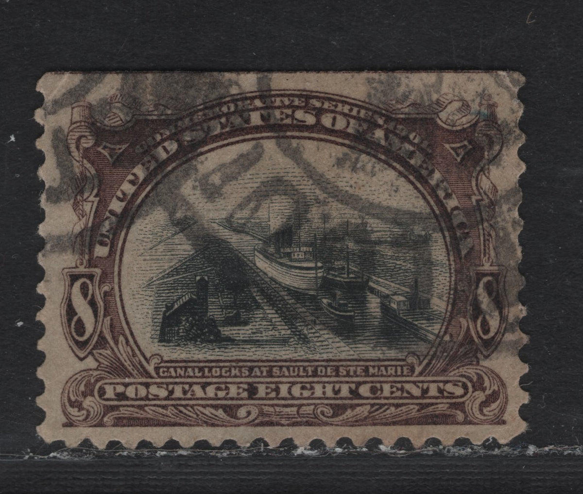 Lot 138 United States SC#298 8c Purplish Brown & Black , 1901 Pan-American Exposition Issue, A Very Good Used Top Sheet Margin Single, Reversed Wmk, From One Of The Lower Panes, VF Centered, But Has A Shallow Thin.