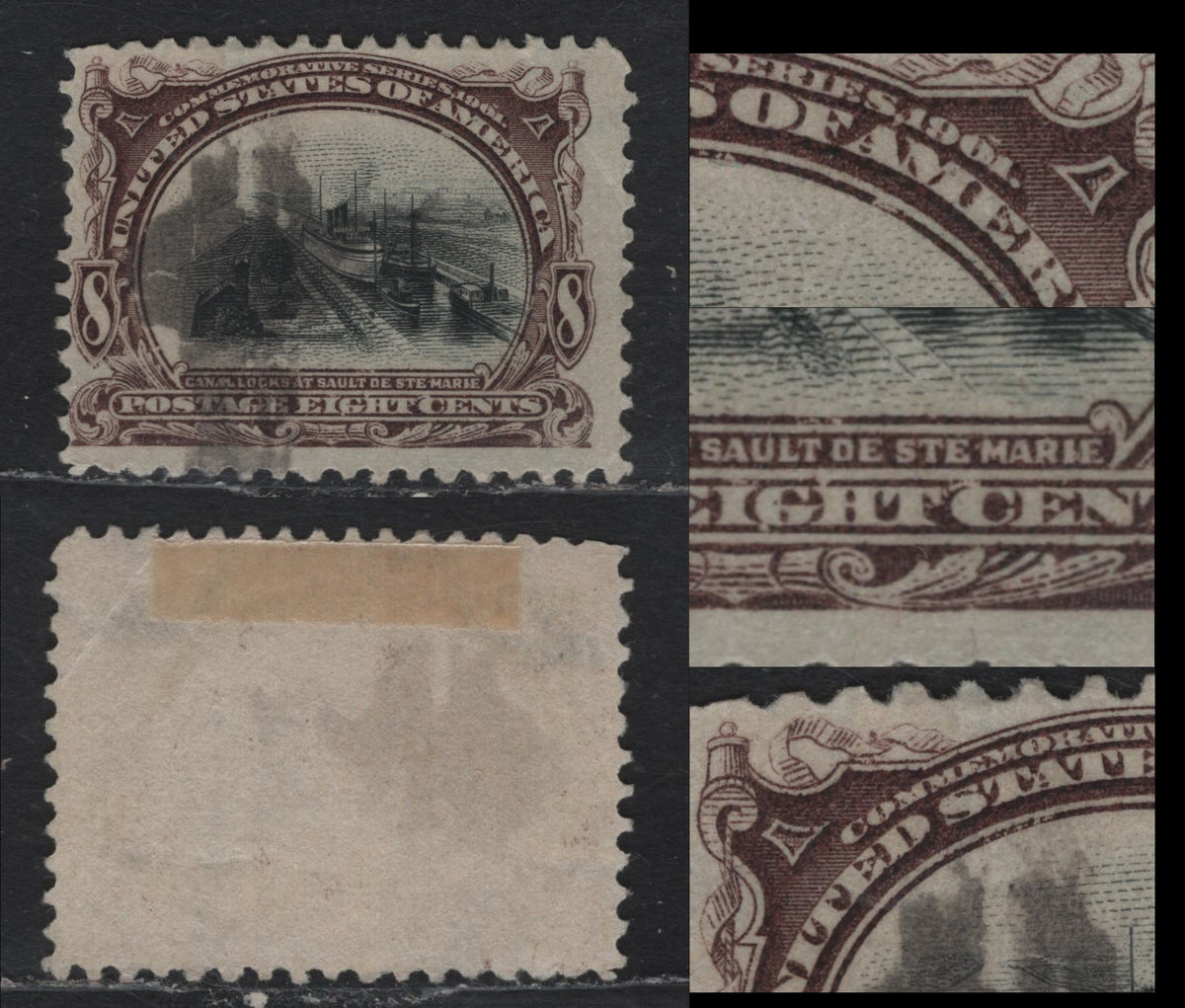 Lot 142 United States SC#298 8c Deep Purple Brown & Black , 1901 Pan-American Exposition Issue, A Fine Used Single, Inverted Wmk, Showing Several White Flaws In The Design From Dry Inking