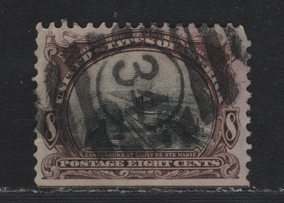 Lot 147 United States SC#298 8c Deep Purple Brown & Silver Black , 1901 Pan-American Exposition Issue, A Fine Used Single, Inverted-Reversed Wmk, #34 SON Numeral Cancel, Very Light Corner Bend At UL.