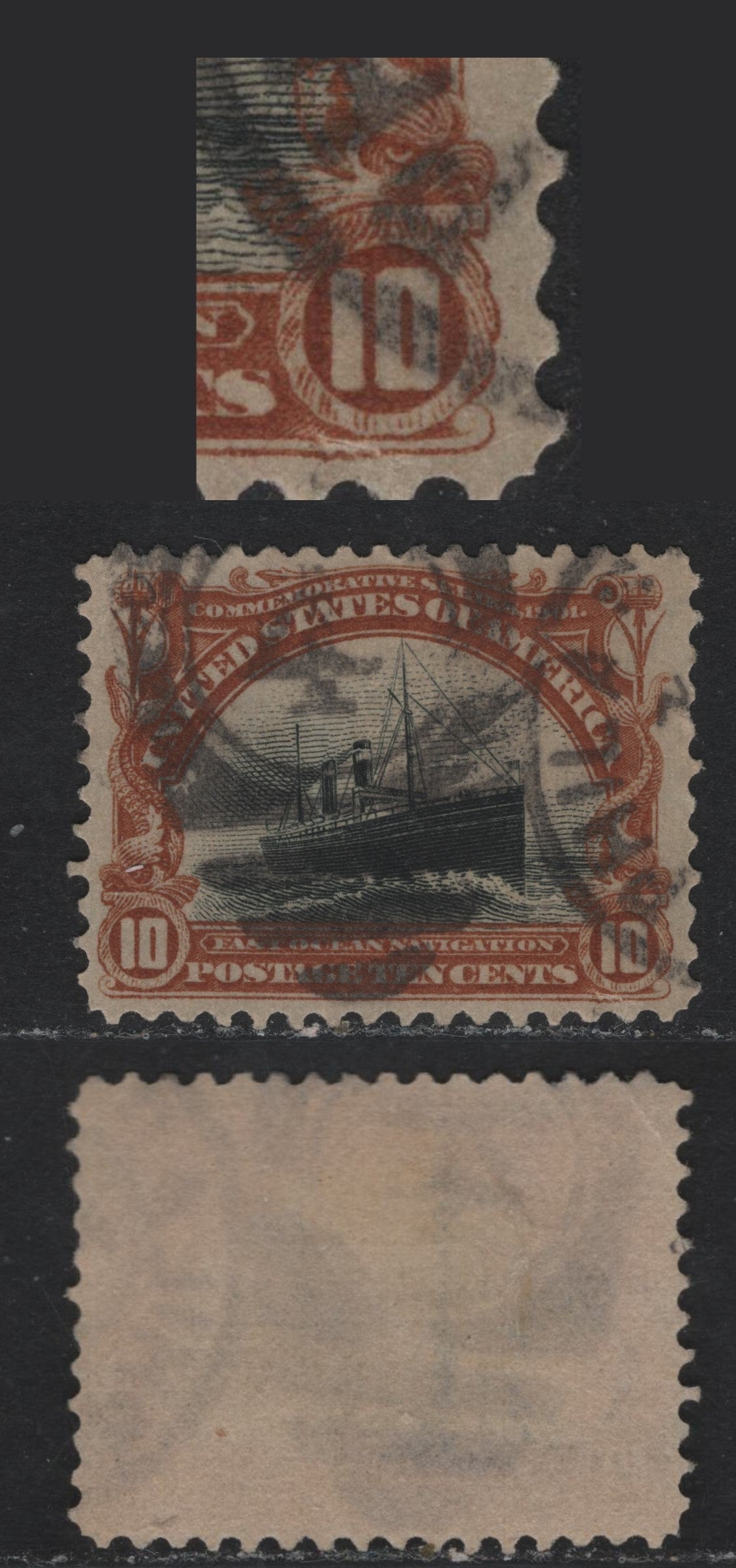 Lot 155 United States SC#299 10c Orange Brown & Black , A Fine Used Single, Inverted Wmk, Showing Deformed Outer Frameline Under Right Value Tablet, SON #4 Philadelphia Numeral Duplex Cancel, Tiny Corner Crease At Upper Left.