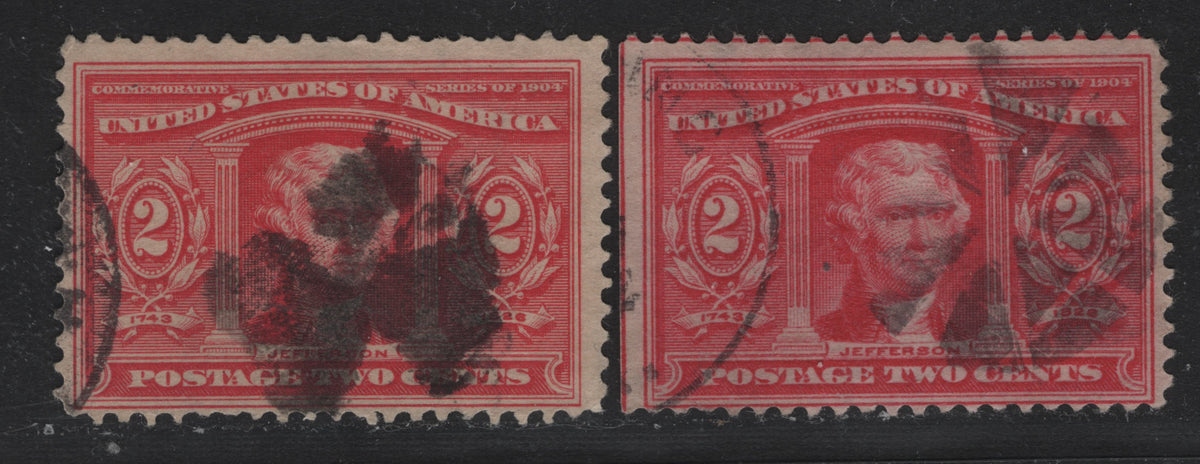 Lot 169 United States SC#324 2c Rose Carmine - Deep Rose Carmine , 1904 Louisiana Purchase Issue, 2 Very Good/Fine Used Singles, Sideways & Sideways Inverted Wmk, Both With Fancy Circle Of Wedges Cork Duplex Cancels