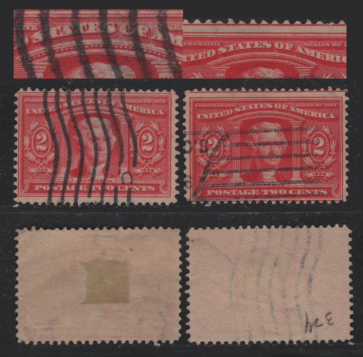 Lot 170 United States SC#324var 2c Rose Carmine , 1904 Louisiana Purchase Issue, 2 Fine Used Singles, Sideways Wmk, One Normal, One Showing Arch Frameline Variety, In Which The Upper Arch Frameline Is Broken In Several Places.