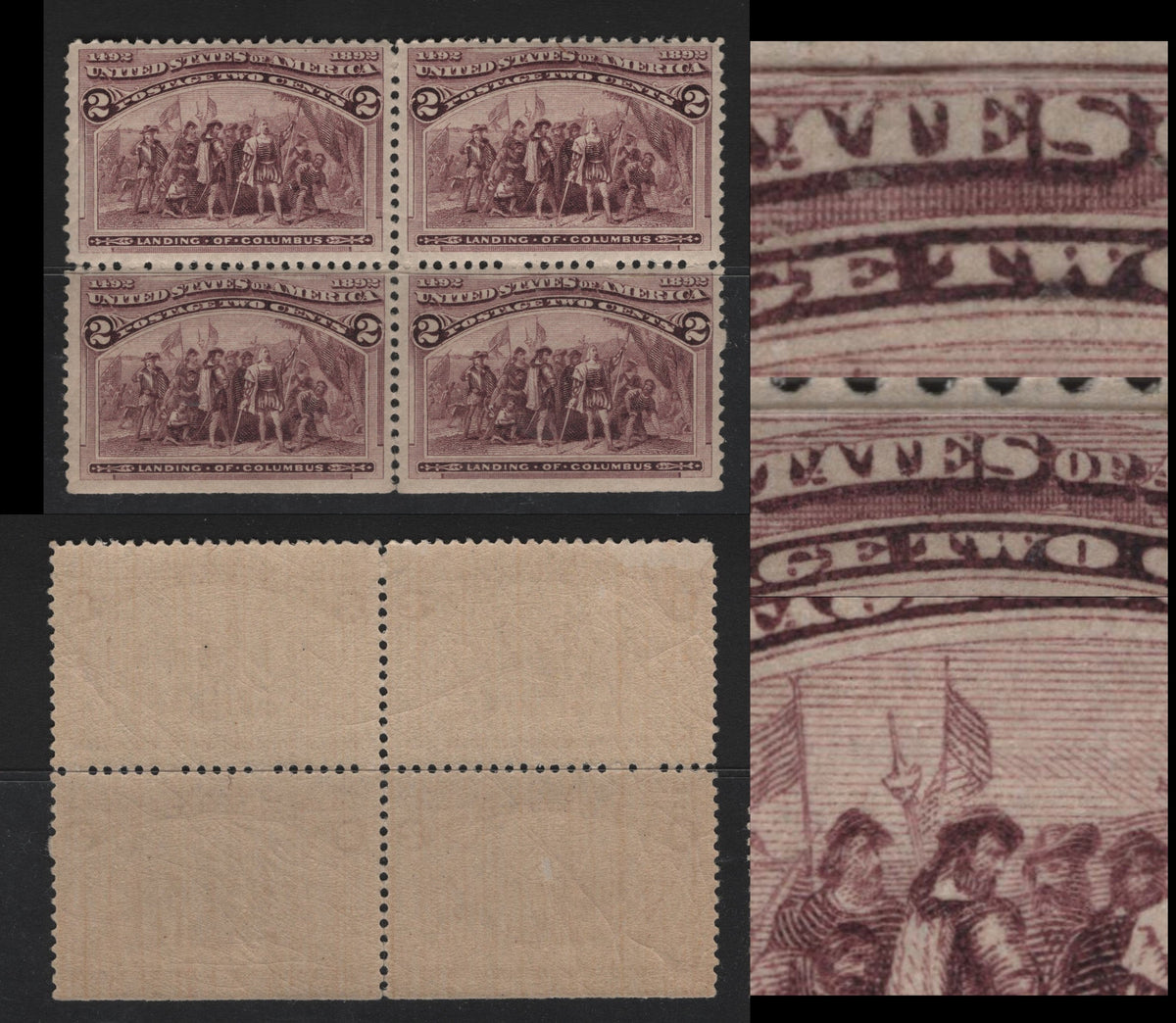 Lot 17 United States SC#231var 2c Brown Violet , 1893 Columbian Exposition Issue, A VFNH Bottom Sheet Margin Block Of 4, From One Of The Upper Panes, Showing The 'Dot In E' of 'States' Variety In Both Lower Stamps