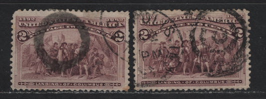 Lot 19 United States SC#231var 2c Brown Violet , 1893 Columbian Exposition Issue, 2 Very Good/Very Fine Used Singles, Different Fancy Duplex Cancels, Hollow Circle & 4-Ring Hollow Target Cancel