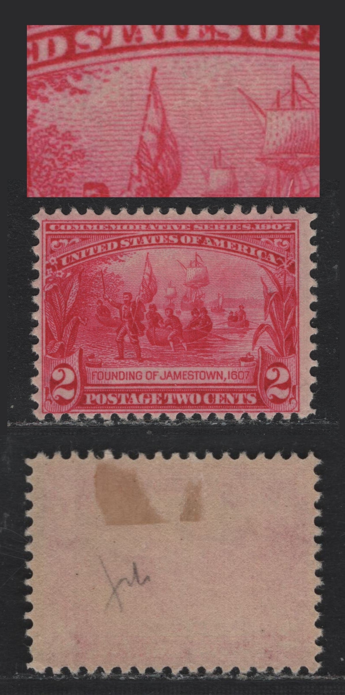 Lot 199 United States SC#329var 2c Carmine Rose , 1907 Jamestown Exposition Issue, A FOG Single, Reversed Wmk